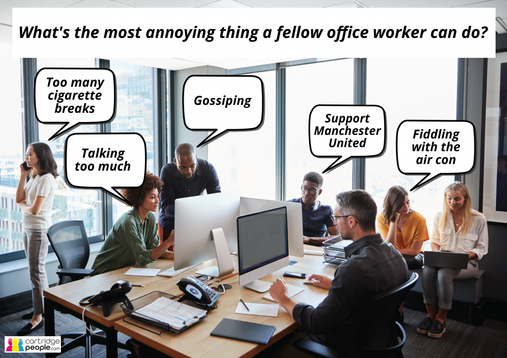 Office workers discussing bad office habits, talking too much, gossiping etc.
