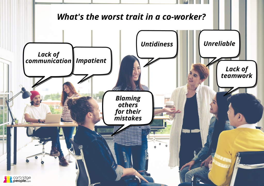 colleagues discussing the worst trait in a co-worker- untidiness, unreliable, impatient