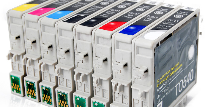 Ink cartridges in a row.