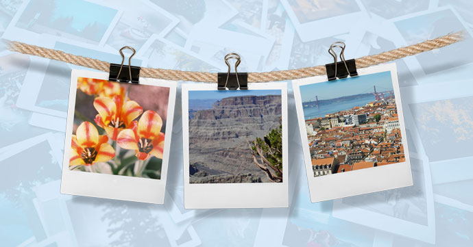 Photos displayed on string.