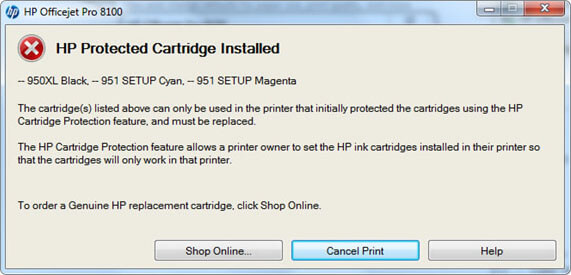 HP protected cartridge installed message.