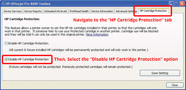 Disable HP Cartridge Protection.