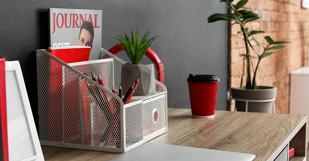 Desk tidy on a desktop.