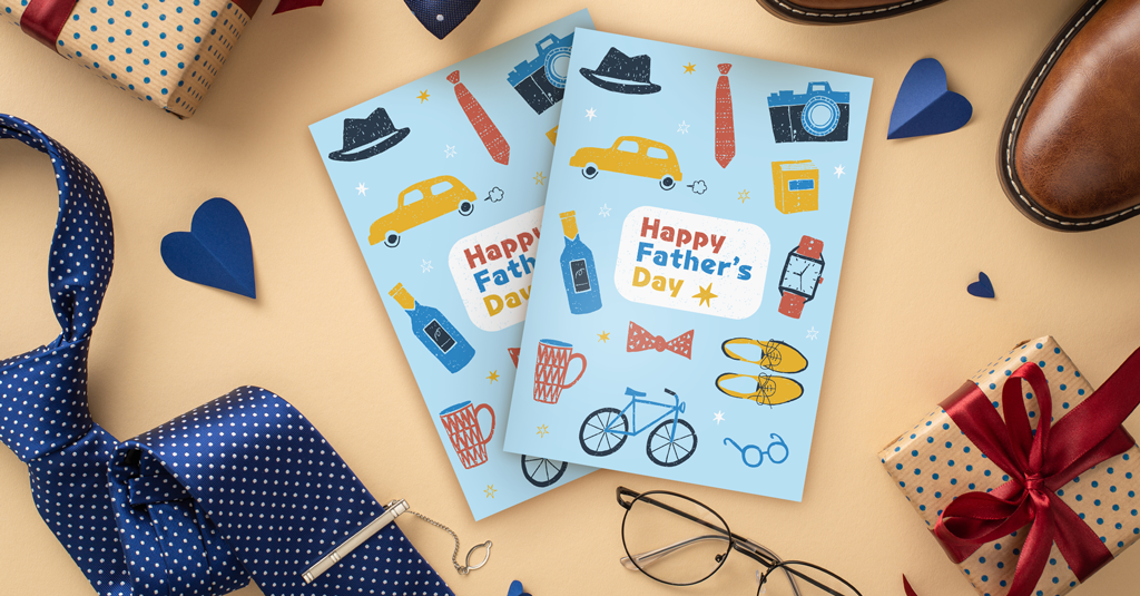 blue happy fathers day card with dad items