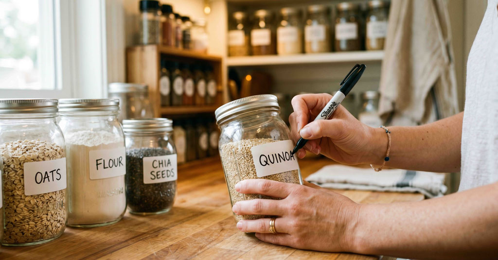 Woman labelling food jars