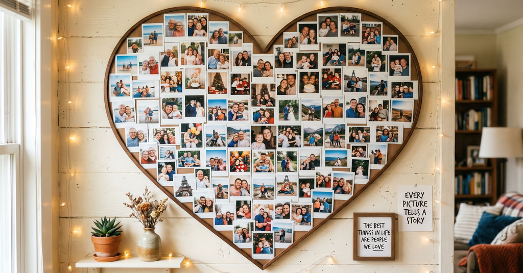 Heart-shaped Polaroid collage hung on the wall
