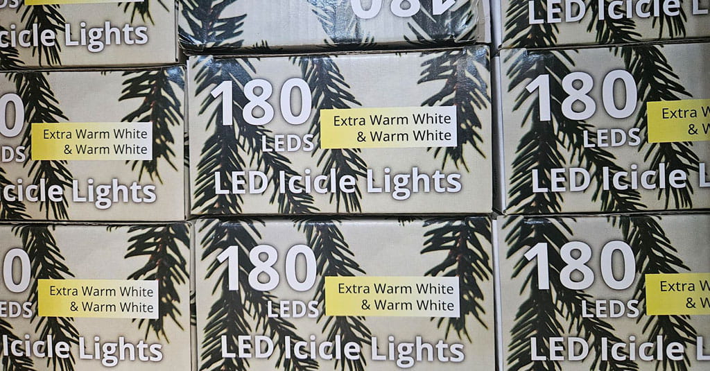 Boxes of LED icicle lights.